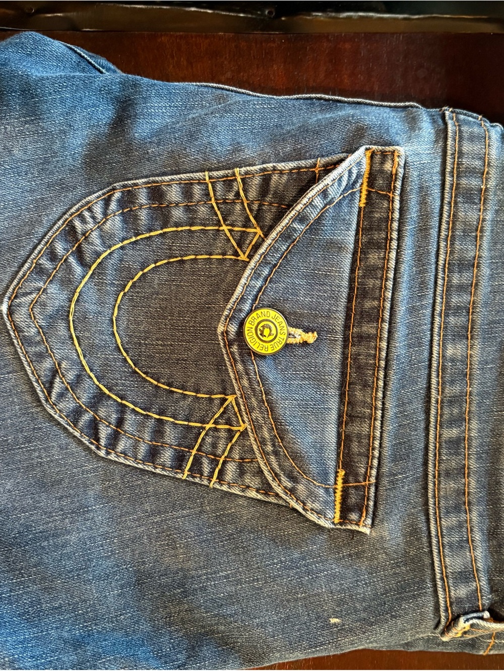True Religion Women's Blue Skinny Jeans with Yellow Stitching
